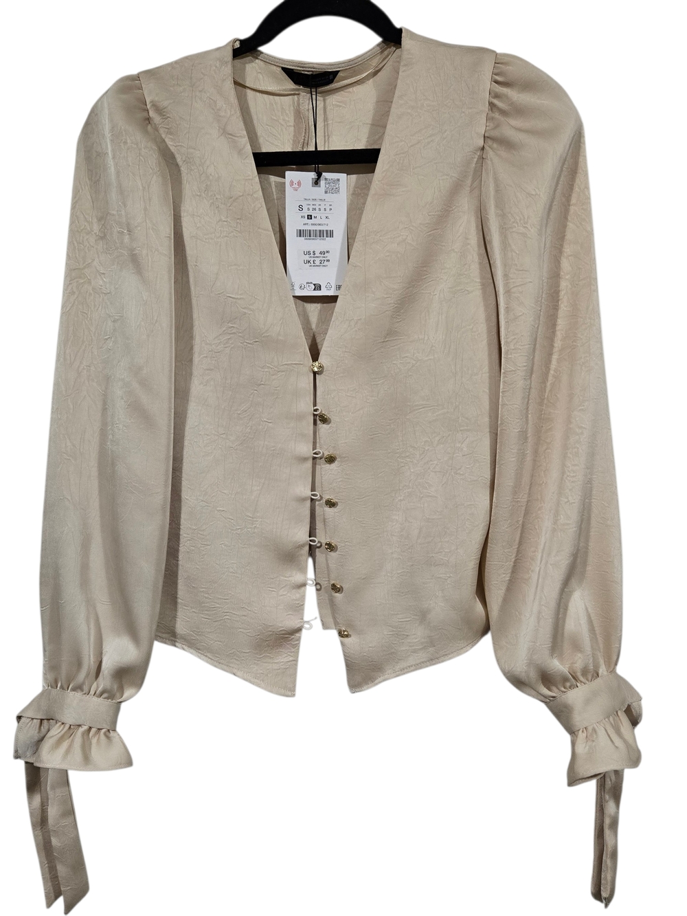 Zara Beige Cream Deep V-Neck Puff Tie Sleeve Button Blouse S